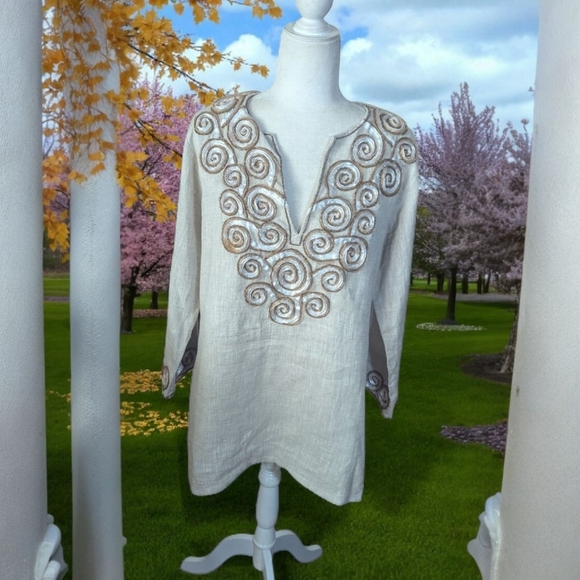 Oatmeal/Pink Neutral Cool Linen Long Tunic Quiet Luxury 3D Swirl Embroidery Sz L - Picture 9 of 10